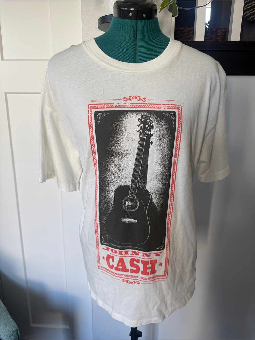 Daydreamer White Tee with Black Guitar and Red Frame